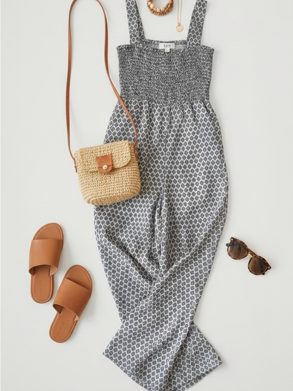 Ann Taylor Gray Patterned Midi Dress with Smocked Bodice